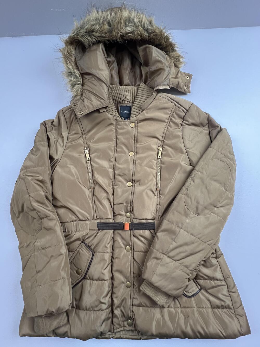 Rampage Coat Womens Large Brown Hooded Belted Faux Fur Parka Puffer Quilted
